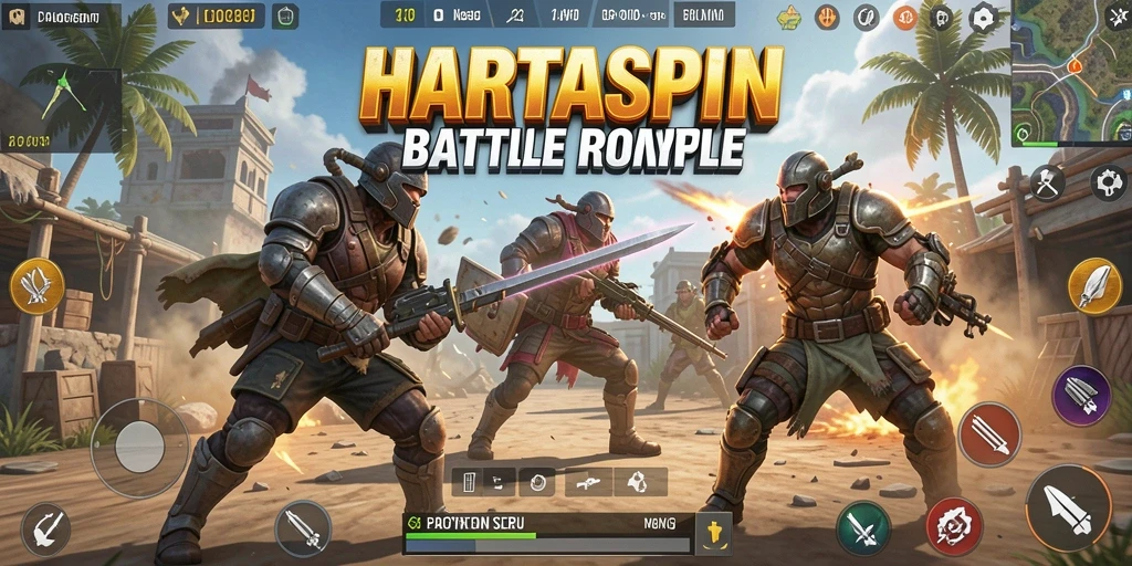 Screenshot utama HARTASPIN menunjukkan pertempuran intens dalam arena Battle Royale.