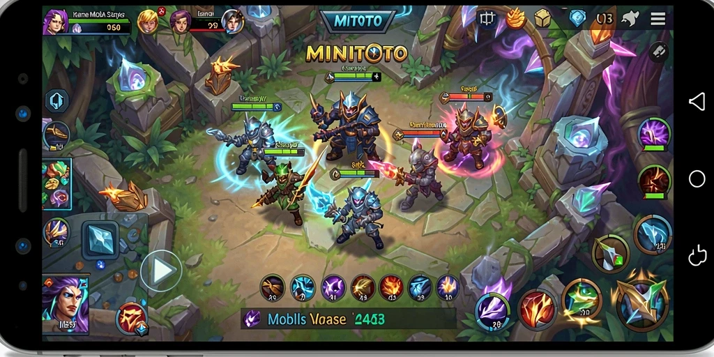 Tangkapan layar gameplay <strong>MINITOTO</strong> menampilkan aksi pertempuran MOBA yang menegangkan.