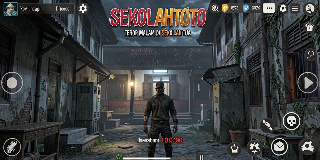 Tampilan gameplay SEKOLAHTOTO yang menegangkan di lorong sekolah yang gelap.